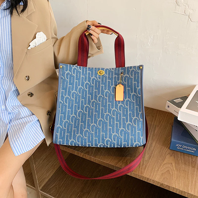 Trendy Denim Canvas Large Tote Messenger Bag - Image 3