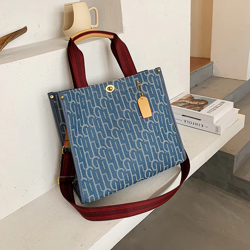 Trendy Denim Canvas Large Tote Messenger Bag - Image 5