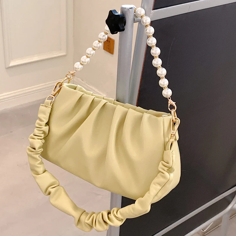 Wrinkled Cloud Bag with Pearl Chain Shoulder Strap - Image 3