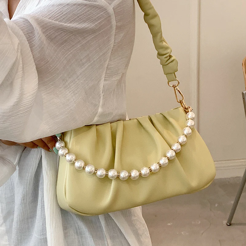 Wrinkled Cloud Bag with Pearl Chain Shoulder Strap - Image 4
