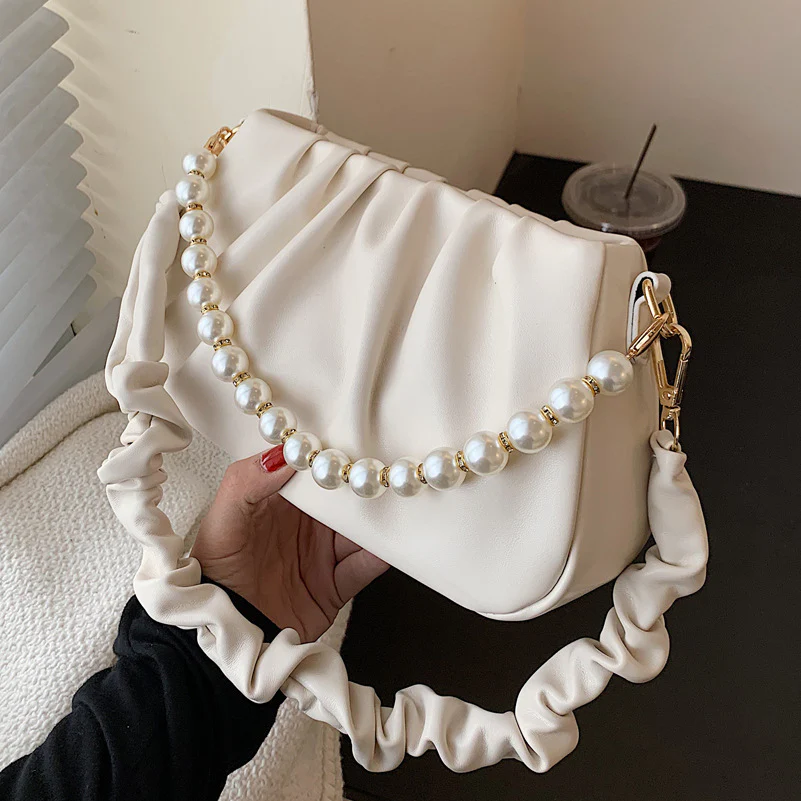 Wrinkled Cloud Bag with Pearl Chain Shoulder Strap - Image 5