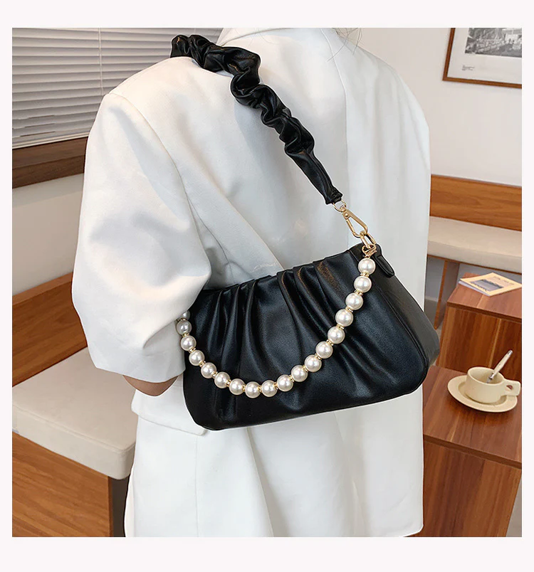 Wrinkled Cloud Bag with Pearl Chain Shoulder Strap - Image 7