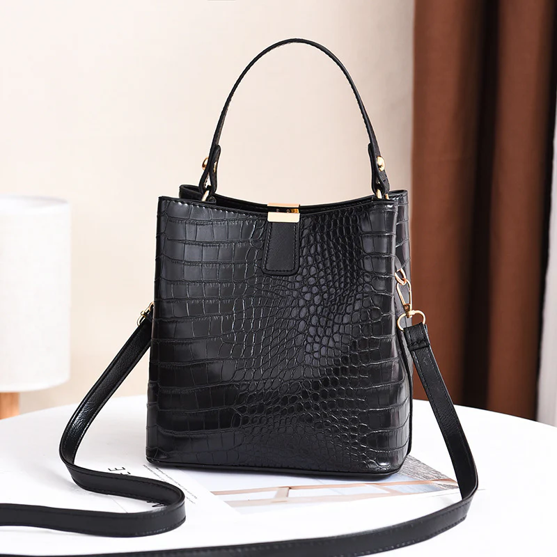Stone Pattern PU Leather Bucket Crossbody Bag - Image 5
