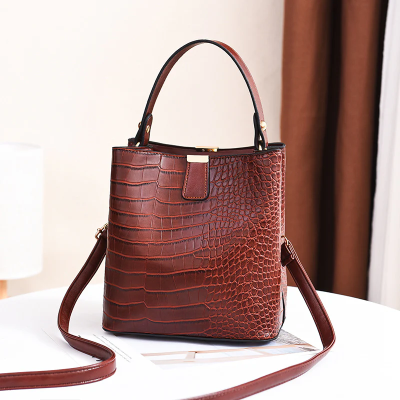 Stone Pattern PU Leather Bucket Crossbody Bag - Image 6