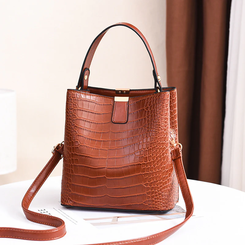 Stone Pattern PU Leather Bucket Crossbody Bag - Image 7