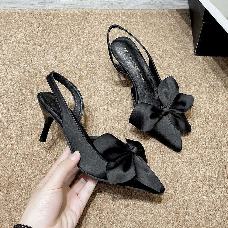 Satin Bow Flower Closed-Toe Stiletto Heels - Image 6