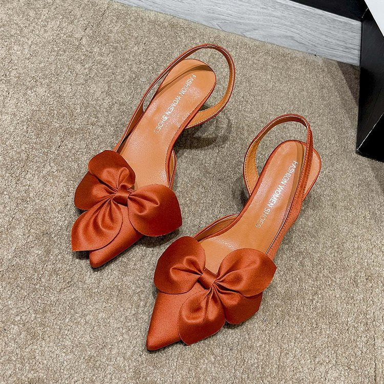 Satin Bow Flower Closed-Toe Stiletto Heels - Image 7