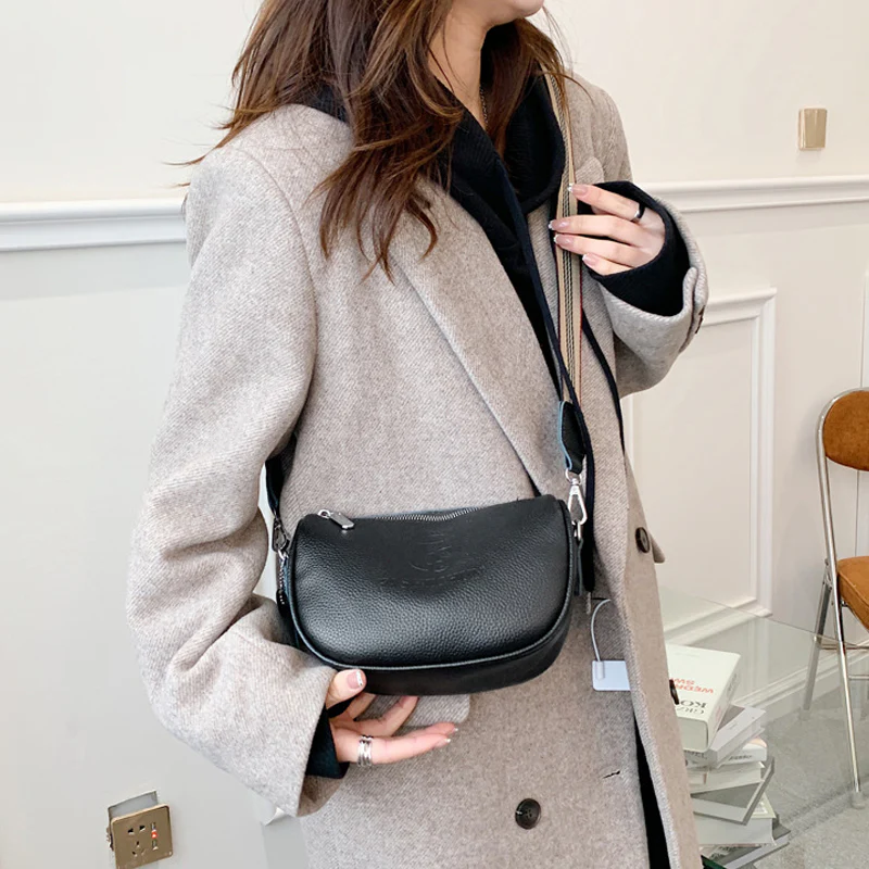 Genuine Cowhide Leather Wide Strap Saddle Crossbody Bag - Image 4
