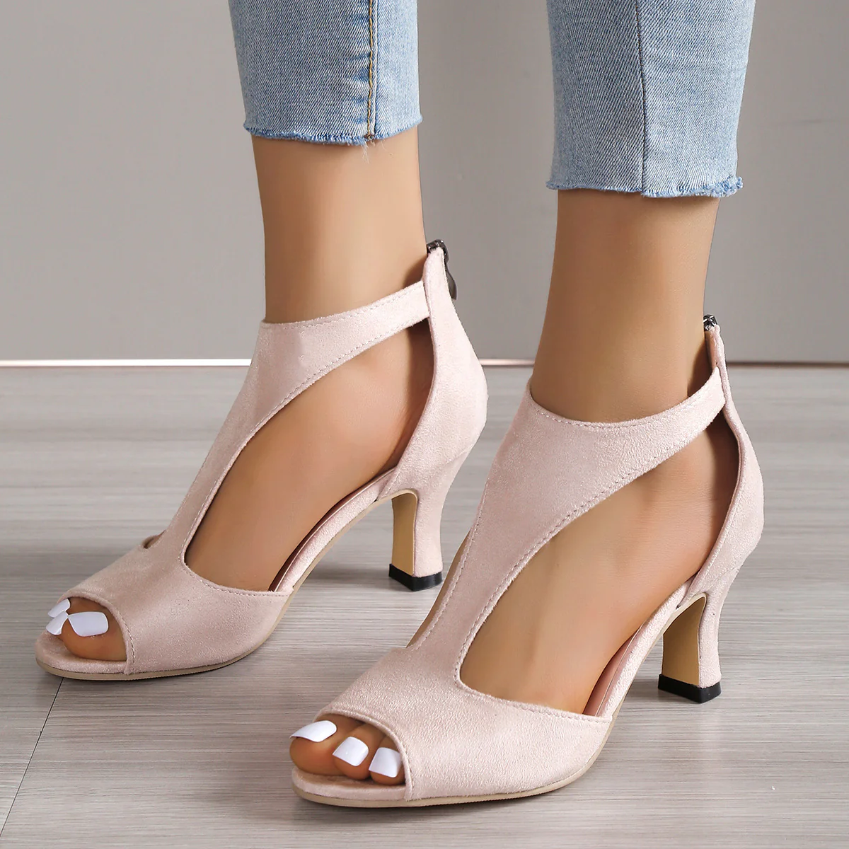 Suede Peep-Toe Chunky Heel Heels - Image 6