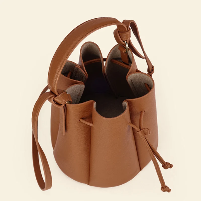 Women's Sculpted Pebbled Leather Look Bucket Bag - Image 3
