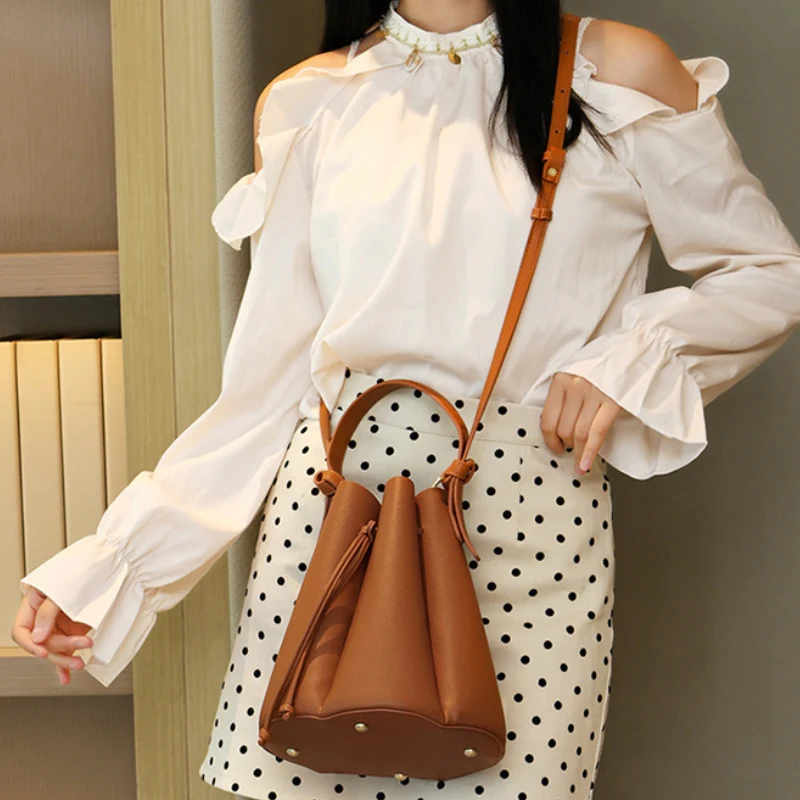 Women's Sculpted Pebbled Leather Look Bucket Bag - Image 4