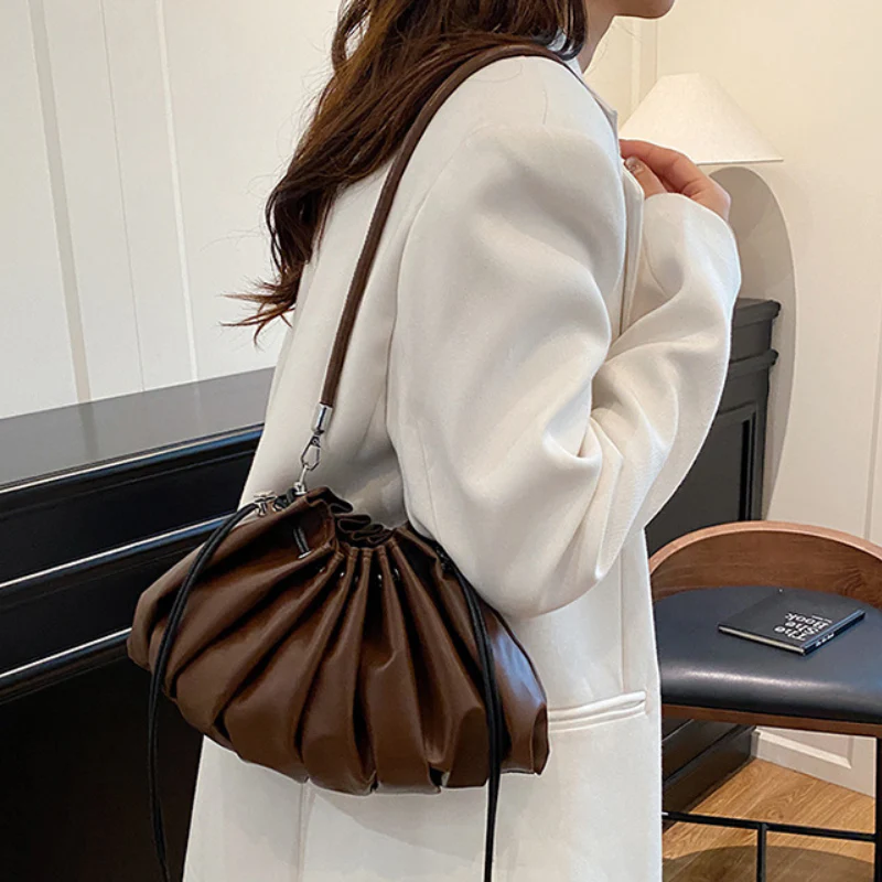 Women's Soft Pleated Shoulder Bag with Drawstring Detail - Image 4